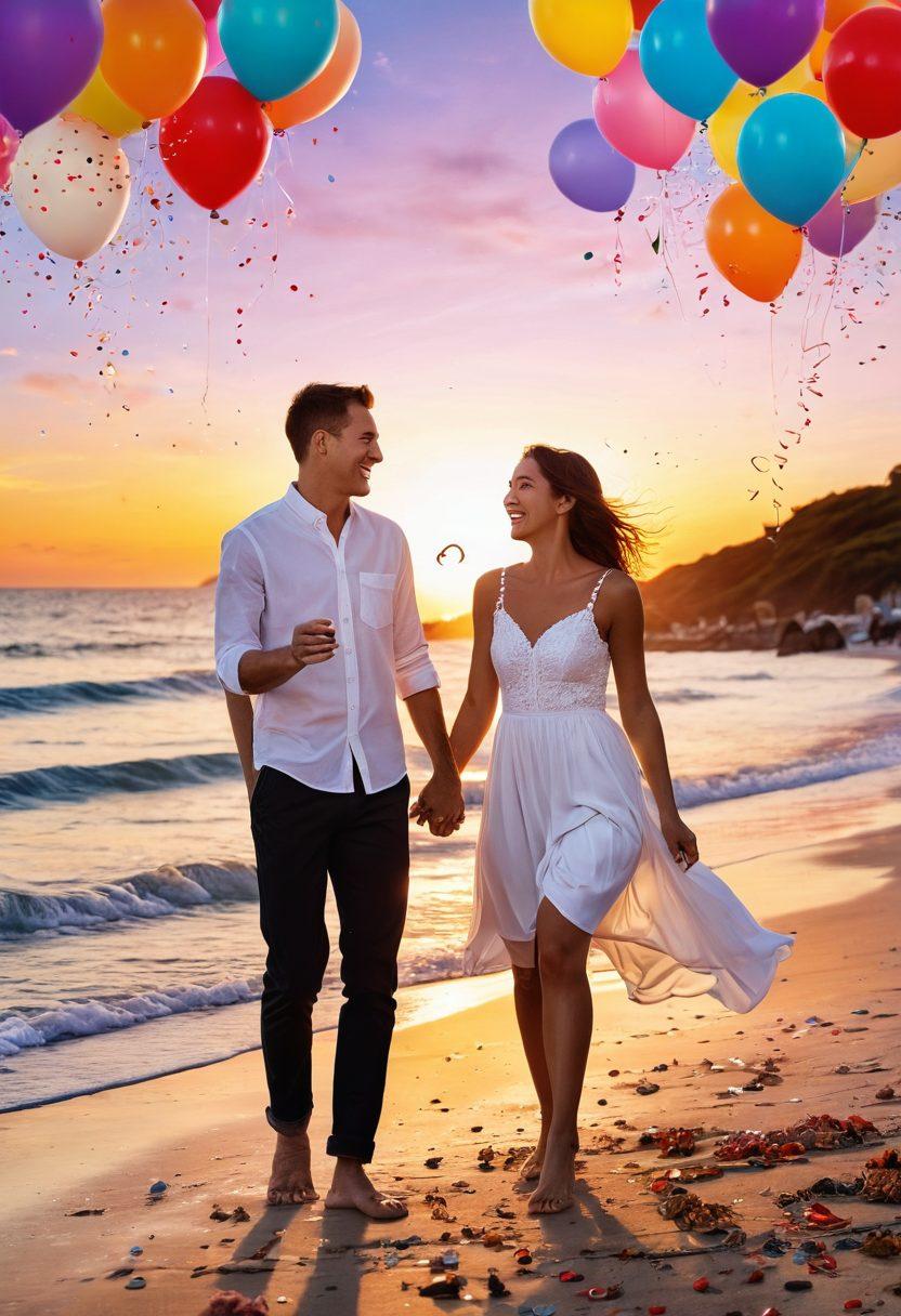 A whimsical collage featuring a couple laughing joyfully amidst a vibrant setting filled with playful elements like confetti, hearts, and balloons. The background should show a sunset at a romantic beach, enhancing the fusion of fun and romance. Include whimsical details like cartoonish seagulls and sparkling lights, giving the scene a magical feel. The couple should be engaged in a fun activity like dancing or sharing a cupcake. vibrant colors. dreamy style.