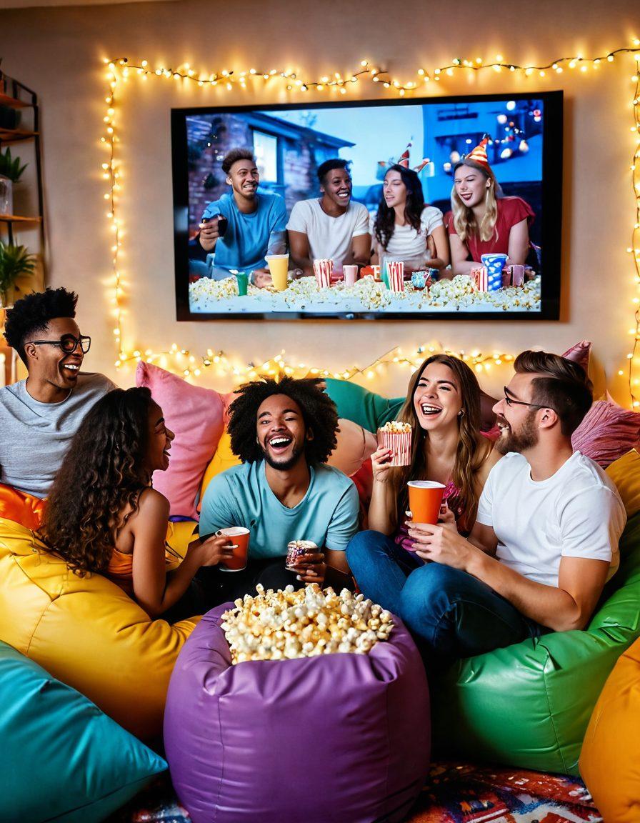 A whimsical scene featuring a diverse group of friends laughing joyfully while watching amusing and playful videos on a large screen. Some are lounging on colorful bean bags, surrounded by popcorn and drinks, while others are playfully mimicking funny video moments. The background is filled with vibrant decorations and fairy lights to enhance the cheerful atmosphere. Emphasize warm, inviting colors and a festive vibe. vibrant colors. 3D.