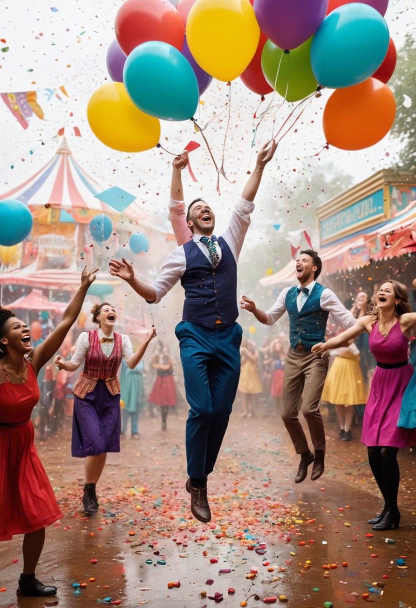 A whimsical circus scene featuring a diverse group of adults joyfully laughing while participating in various playful activities, such as juggling oversized colorful balloons, riding unicycles, and engaging in silly games. Bright confetti rains down from above, with vibrant banners in the background that read 'Indulge in Laughter'. The atmosphere is lively and festive, capturing the essence of pure joy and adult playfulness. super-realistic. vibrant colors. 3D.